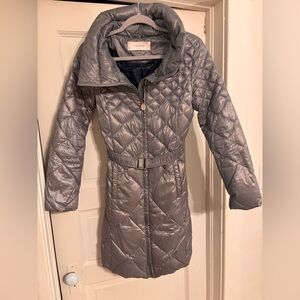 T Tahari Silver Quilted Puffer Coat
